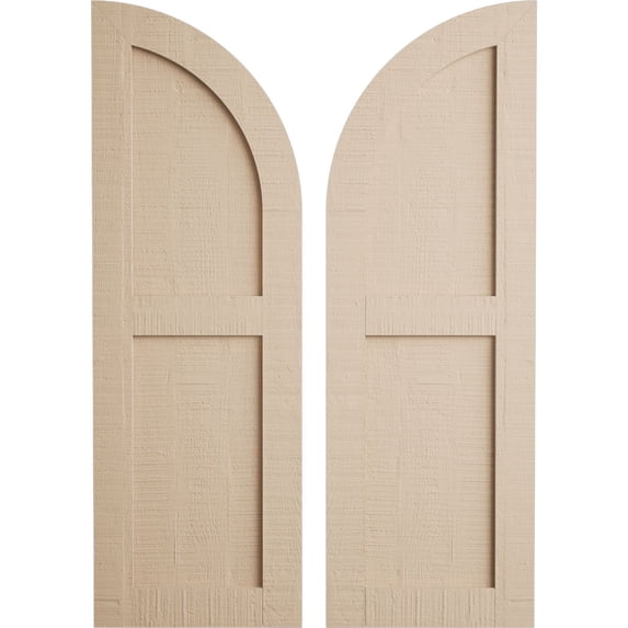 Ekena Millwork 12"W x 38"H (26" Low Side) Timberthane Rough Cedar Two Equal Flat Panel w/Quarter Round Arch Top Faux Wood Shutters (Per Pair), Primed Tan