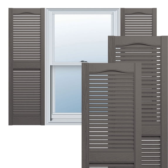 Ekena Millwork 12"W x 39"H Lifetime Vinyl, Standard Cathedral Top Center Mullion, Open Louver Shutters, w/Installation Shutter-Lok's & Matching Screws (Per Pair), Tuxedo Grey