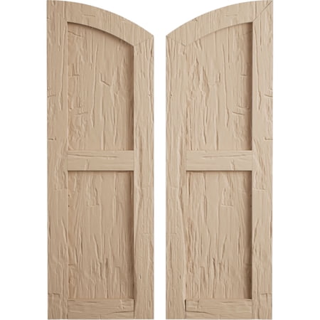 Ekena Millwork 12"W x 42"H (38" Low Side) Timberthane Hand Hewn Two Equal Flat Panel w/Elliptical Top Faux Wood Shutters (Per Pair), Primed Tan