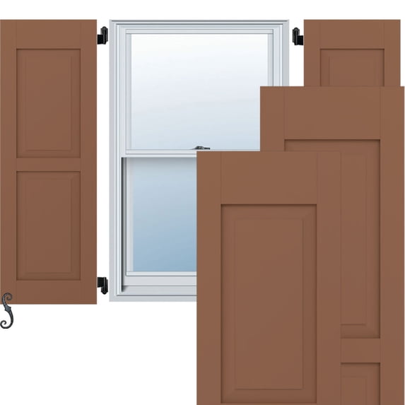 Ekena Millwork 12"W x 42"H Americraft Two Equal Raised Panel Exterior Real Wood Shutters (Per Pair), Burnt Toffee