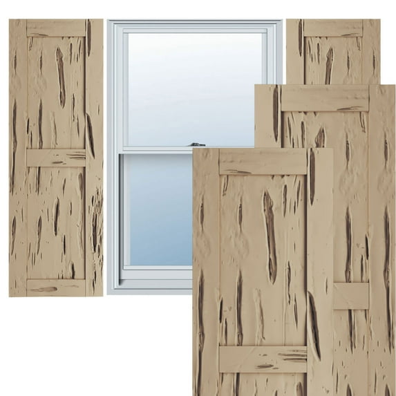 Ekena Millwork 12"W x 42"H Rustic Two Equal Panel Flat Panel Pecky Cypress Faux Wood Shutters (Per Pair), Primed Tan