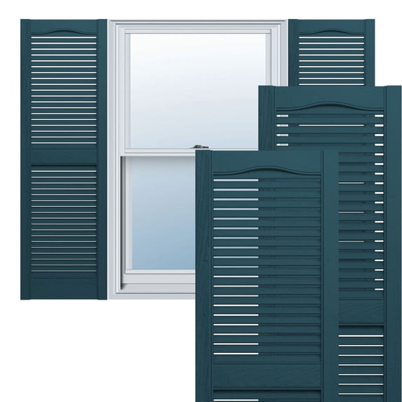 Ekena Millwork 12"W x 43"H Lifetime Vinyl, Standard Cathedral Top Center Mullion, Open Louver Shutters, w/Installation Shutter-Lok's & Matching Screws (Per Pair), Midnight Blue