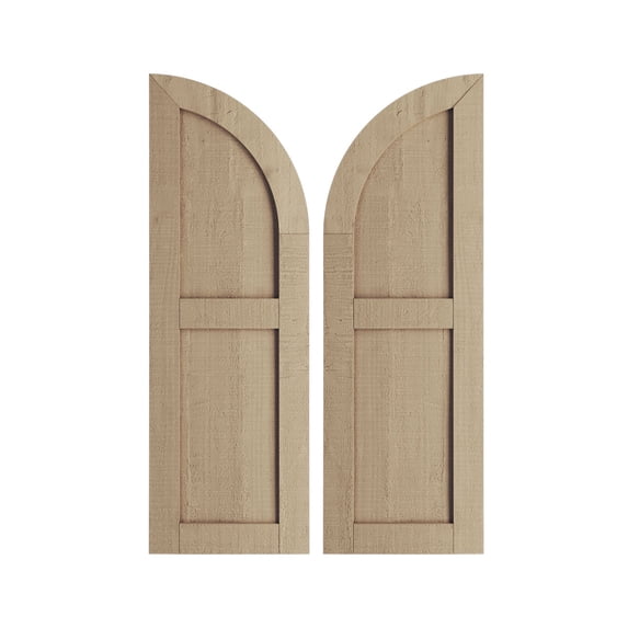 Ekena Millwork 12"W x 44"H (32" Low Side) Timberthane Rough Cedar Two Equal Flat Panel w/Quarter Round Arch Top Faux Wood Shutters (Per Pair), Primed Tan