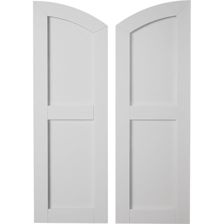 Ekena Millwork 12"W x 44"H (40" Low Side) Timberthane Smooth Two Equal Flat Panel w/Elliptical Top Faux Wood Shutters (Per Pair), Primed Tan