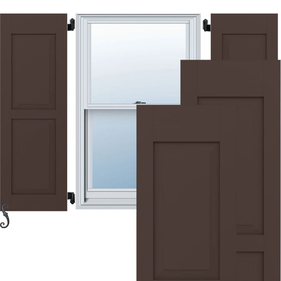 Ekena Millwork 12"W x 47"H Americraft Two Equal Raised Panel Exterior Real Wood Shutters (Per Pair), Raisin Brown