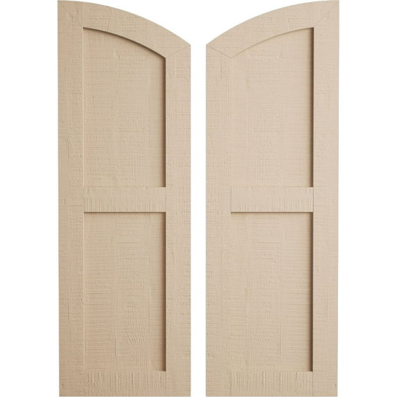 Ekena Millwork 12"W x 48"H (44" Low Side) Timberthane Rough Cedar Two Equal Flat Panel w/Elliptical Top Faux Wood Shutters (Per Pair), Primed Tan