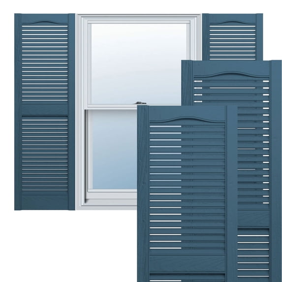 Ekena Millwork 12"W x 48"H Lifetime Vinyl, Standard Cathedral Top Center Mullion, Open Louver Shutters, w/Installation Shutter-Lok's & Matching Screws (Per Pair), Classic Blue