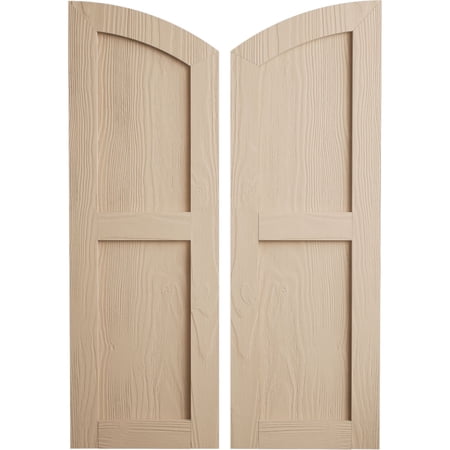 Ekena Millwork 12"W x 50"H (46" Low Side) Timberthane Sandblasted Two Equal Flat Panel w/Elliptical Top Faux Wood Shutters (Per Pair), Primed Tan