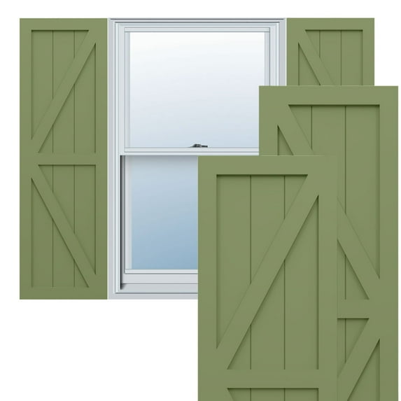 Ekena Millwork 12"W x 50"H True Fit PVC Two Equal Panel Farmhouse Fixed Mount Shutters w/ Z-Bar, Moss Green (Per Pair - Hardware Not Included)