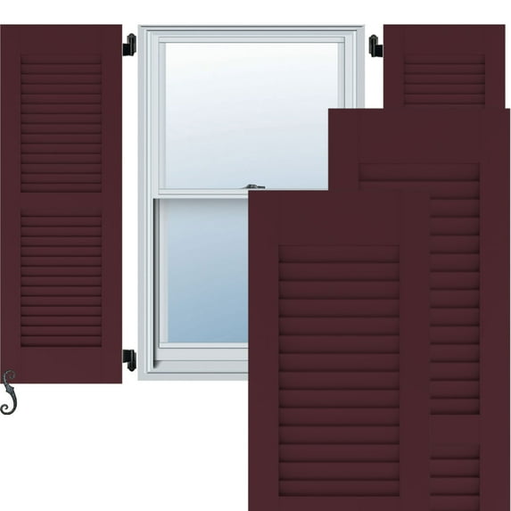 Ekena Millwork 12"W x 51"H Americraft Two Equal Louver Exterior Real Wood Shutters (Per Pair), Wine Red
