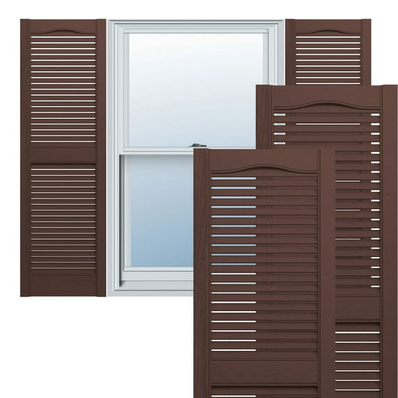 Ekena Millwork 12"W x 51"H Lifetime Vinyl, TailorMade Cathedral Top Center Mullion, Open Louver Shutters, w/Shutter-Loks (Per Pair), Federal Brown