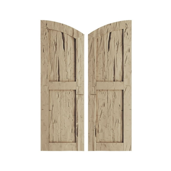 Ekena Millwork 12"W x 52"H (48" Low Side) Timberthane Hand Hewn Two Equal Flat Panel w/Elliptical Top Faux Wood Shutters (Per Pair), Primed Tan