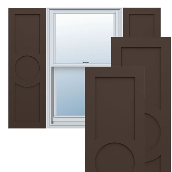 Ekena Millwork 12"W x 53"H True Fit PVC Center Circle Arts & Crafts Fixed Mount Shutters, Raisin Brown (Per Pair - Hardware Not Included)