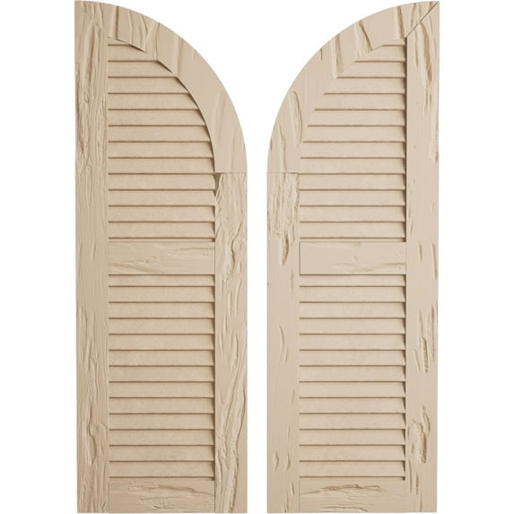 Ekena Millwork 12"W x 56"H (44" Low Side) Timberthane Pecky Cypress Two Equal Louver w/Quarter Round Arch Top Faux Wood Shutters (Per Pair), Primed Tan