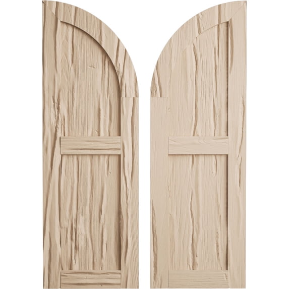 Ekena Millwork 12"W x 58"H (46" Low Side) Timberthane Riverwood Two Equal Flat Panel w/Quarter Round Arch Top Faux Wood Shutters (Per Pair), Primed Tan