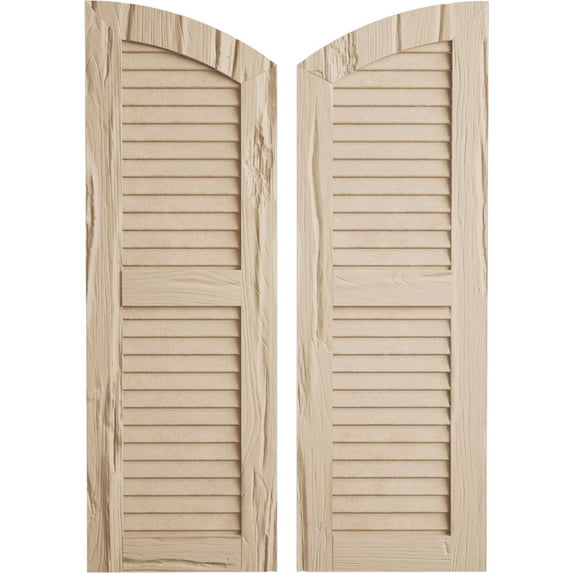 Ekena Millwork 12"W x 58"H (54" Low Side) Timberthane Riverwood Two Equal Louver w/Elliptical Top Faux Wood Shutters (Per Pair), Primed Tan