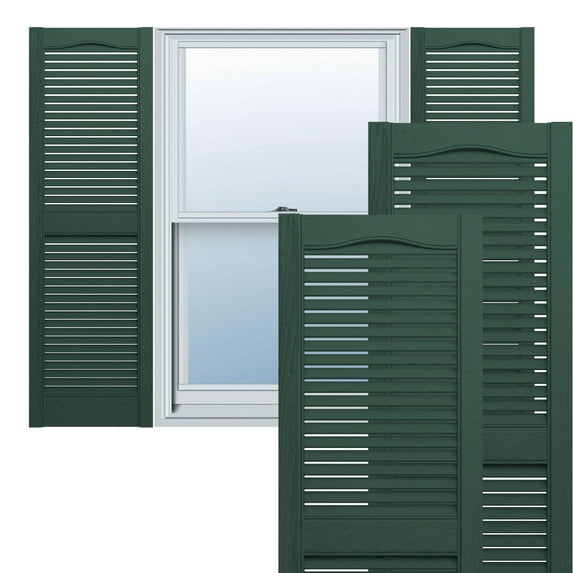 Ekena Millwork 12"W x 58"H Mid-America Vinyl, TailorMade Cathedral Top Center Mullion, Open Louver Shutters, w/Installation Shutter-Lok's (Per Pair), 122 - Midnight Green