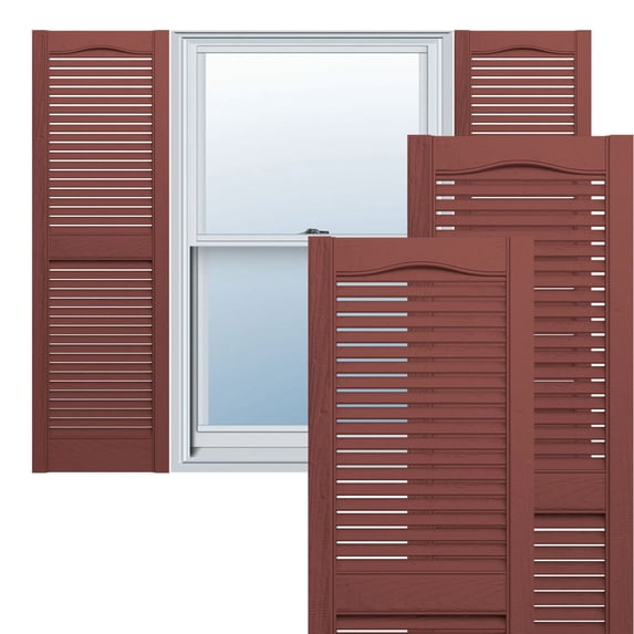 Ekena Millwork 12"W x 60"H Lifetime Vinyl, Standard Cathedral Top Center Mullion, Open Louver Shutters, w/Installation Shutter-Lok's & Matching Screws (Per Pair), Burgundy Red