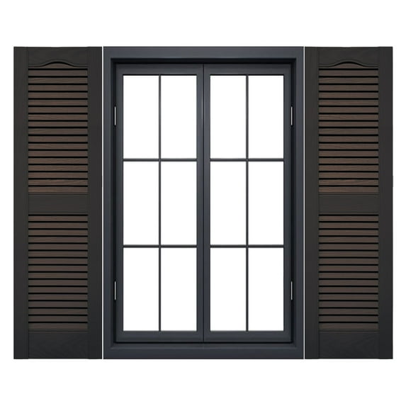 Ekena Millwork 12"W x 60"H Lifetime Vinyl, Standard Cathedral Top Center Mullion, Open Louver Shutters, w/Installation Shutter-Lok's & Matching Screws (Per Pair), Musket Brown