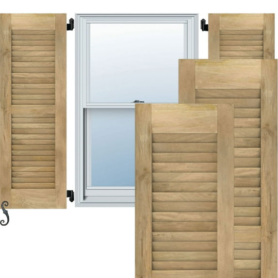 Ekena Millwork 12"W x 61"H Americraft Two Equal Louver Exterior Real Wood Shutters (Per Pair), Unfinished