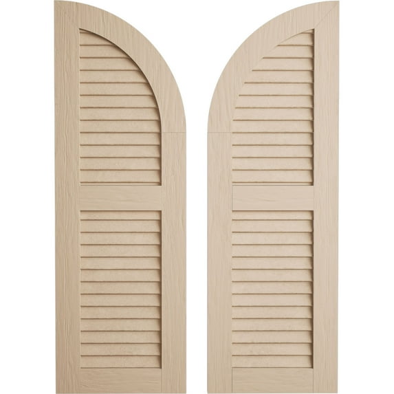 Ekena Millwork 12"W x 70"H (58" Low Side) Timberthane Rough Sawn Two Equal Louver w/Quarter Round Arch Top Faux Wood Shutters (Per Pair), Primed Tan