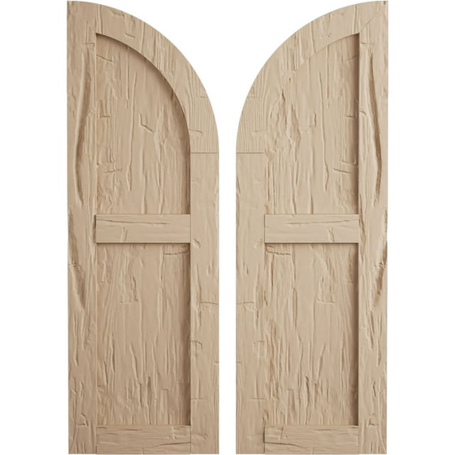 Ekena Millwork 12"W x 72"H (60" Low Side) Timberthane Hand Hewn Two Equal Flat Panel w/Quarter Round Arch Top Faux Wood Shutters (Per Pair), Primed Tan