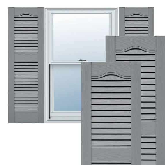 Ekena Millwork 12"W x 73"H Lifetime Vinyl, TailorMade Cathedral Top Center Mullion, Open Louver Shutters, w/Shutter-Loks (Per Pair), 945 - Platinum