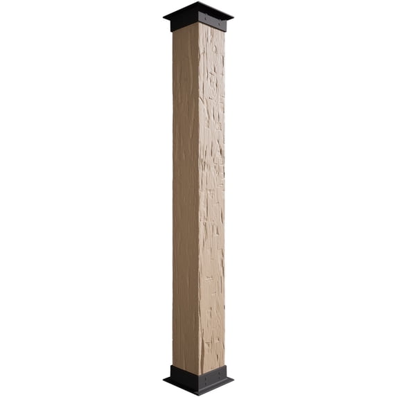 Ekena Millwork 12"W x 8'H Hand Hewn Endurathane Faux Wood Non-Tapered Square Column Wrap w/ Faux Iron Capital & Base