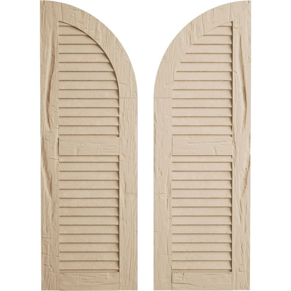 Ekena Millwork 12"W x 80"H (68" Low Side) Timberthane Hand Hewn Two Equal Louver w/Quarter Round Arch Top Faux Wood Shutters (Per Pair), Primed Tan