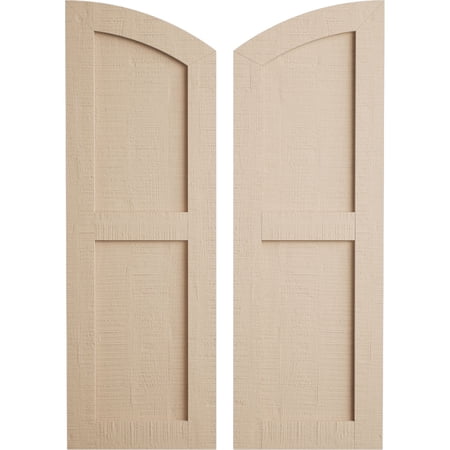 Ekena Millwork 12"W x 80"H (76" Low Side) Timberthane Rough Cedar Two Equal Flat Panel w/Elliptical Top Faux Wood Shutters (Per Pair), Primed Tan
