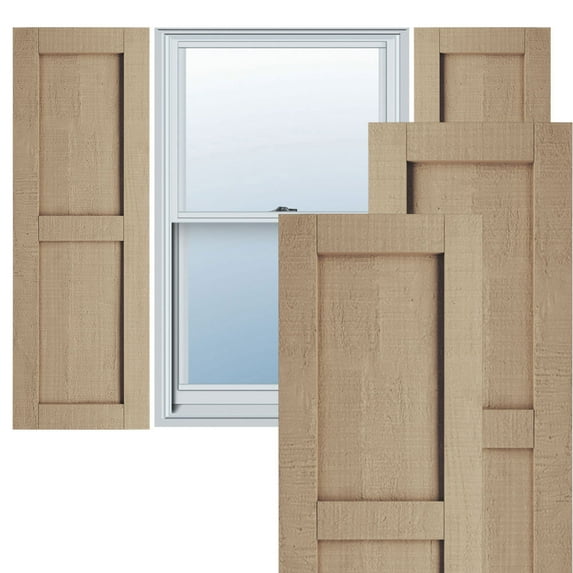 Ekena Millwork 12"W x 80"H Rustic Two Equal Panel Flat Panel Rough Cedar Faux Wood Shutters (Per Pair), Primed Tan
