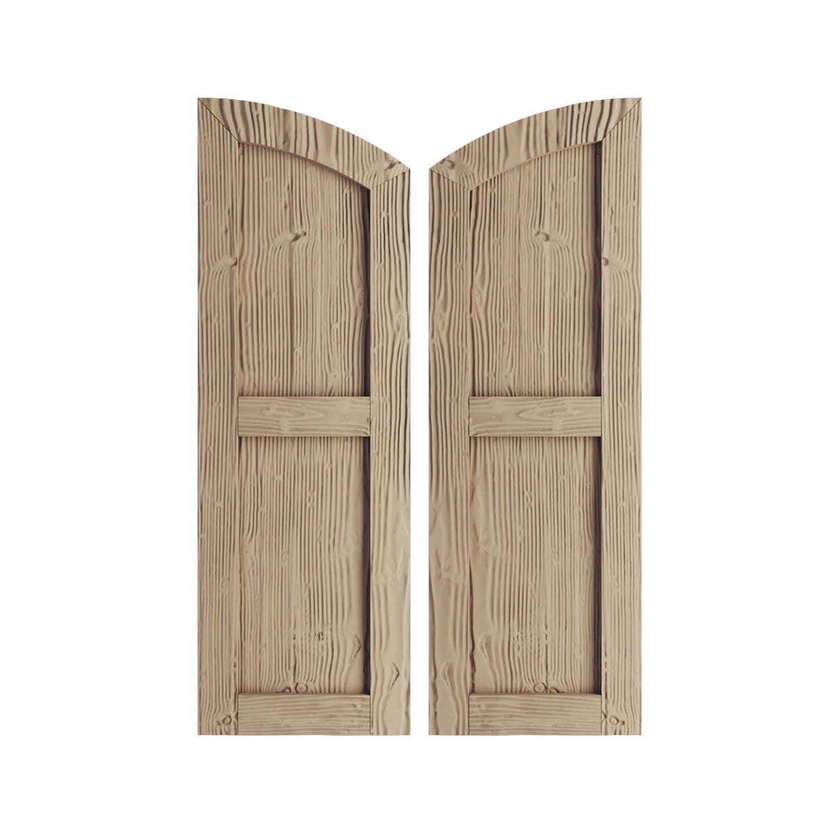 Primed Tan Sandblasted Faux Wood Shutters with Elliptical Top, 12" x 82"