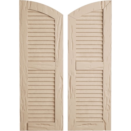 Ekena Millwork 12"W x 86"H (82" Low Side) Timberthane Pecky Cypress Two Equal Louver w/Elliptical Top Faux Wood Shutters (Per Pair), Primed Tan