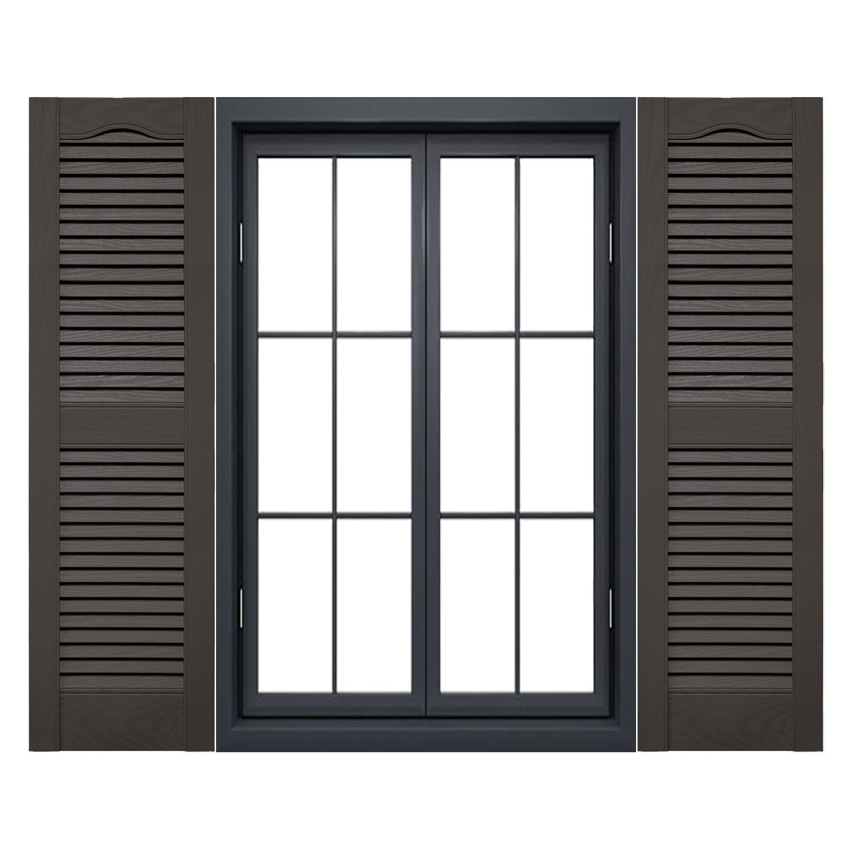 Ekena Millwork 12 in. W x 31 in. H Builders Edge, Standard Cathedral Top Center Mullion, Open Louver Shutters, Includes Matching Installation Spikes (Per Pair), 018 - Tuxedo Grey