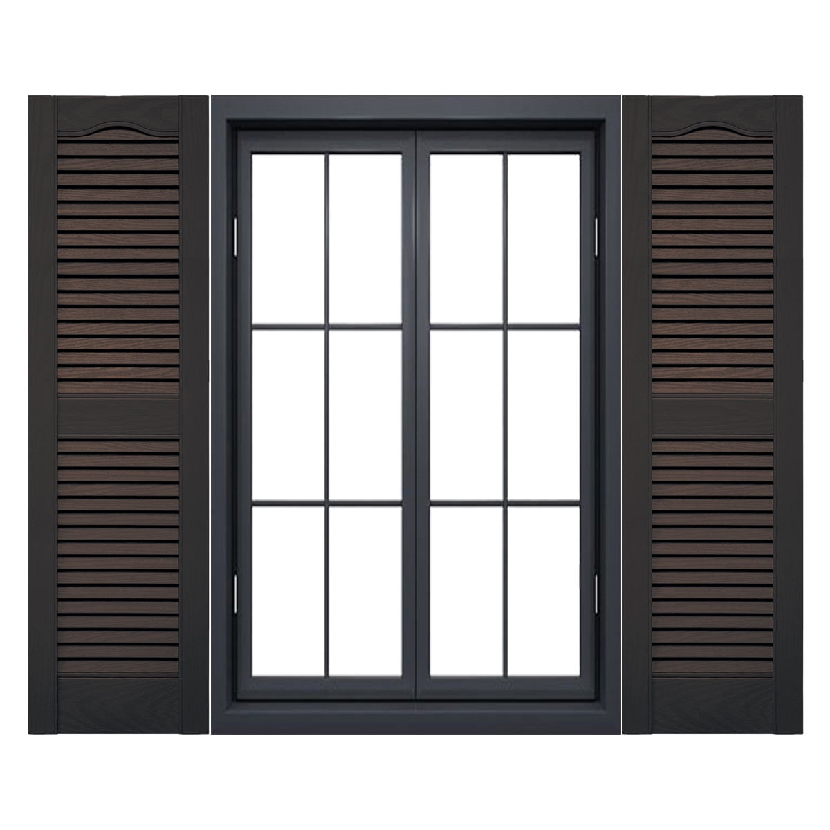 Ekena Millwork 12 in. W x 64 in. H Builders Edge, Standard Cathedral Top Center Mullion, Open Louver Shutters, Includes Matching Installation Spikes (Per Pair), 010 - Musket Brown
