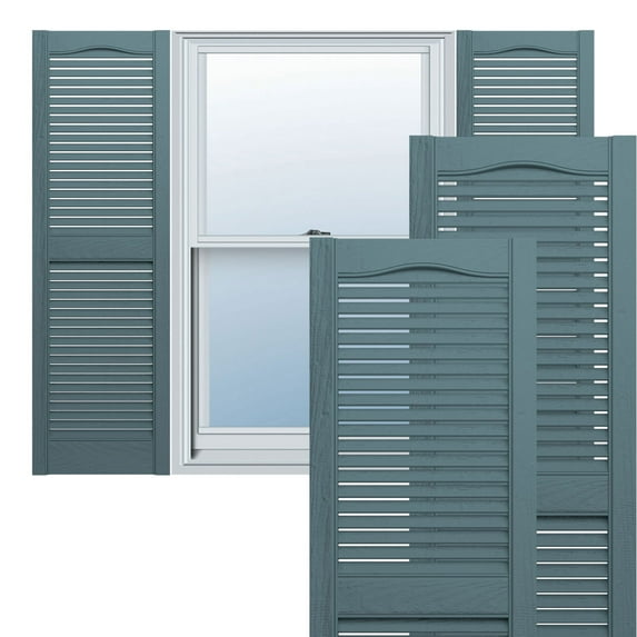 Ekena Millwork 14 1/2"W x 57"H Mid-America Vinyl, TailorMade Cathedral Top Center Mullion, Open Louver Shutters, w/Installation Shutter-Lok's (Per Pair), 004 - Wedgewood Blue