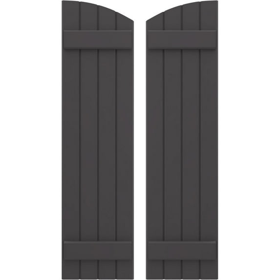 Ekena Millwork 14"W x 31"H Americraft Four Board (2 Batten) Exterior Real Wood Joined Board-n-Batten Shutters w/ Elliptical Top (Per Pair), Shadow Mountain