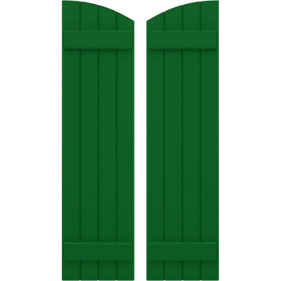 Ekena Millwork 14"W x 33"H Americraft Four Board (2 Batten) Exterior Real Wood Joined Board-n-Batten Shutters w/ Elliptical Top (Per Pair), Viridian Green