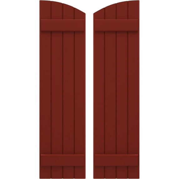 Ekena Millwork 14"W x 36"H Americraft Four Board (2 Batten) Exterior Real Wood Joined Board-n-Batten Shutters w/ Elliptical Top (Per Pair), Pepper Red