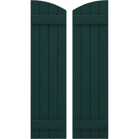 Ekena Millwork 14"W x 36"H Americraft Four Board (2 Batten) Exterior Real Wood Joined Board-n-Batten Shutters w/ Elliptical Top (Per Pair), Thermal Green