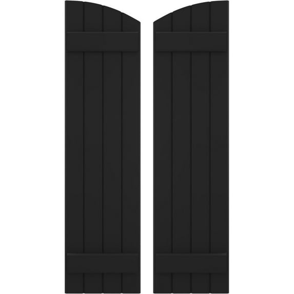 Ekena Millwork 14"W x 38"H Americraft Four Board (2 Batten) Exterior Real Wood Joined Board-n-Batten Shutters w/ Elliptical Top (Per Pair), Black