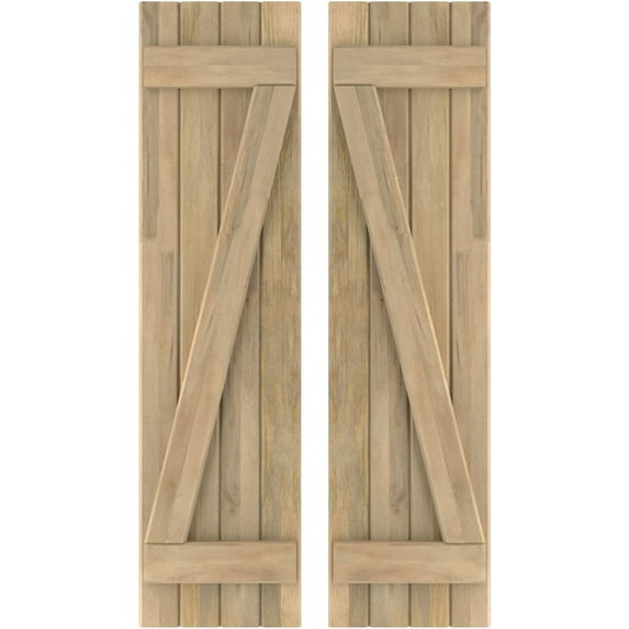 Ekena Millwork 14"W x 38"H Americraft Four Board (2 Batten) Exterior Real Wood Joined Board-n-Batten Shutters w/ Z-Bar (Per Pair), Unfinished