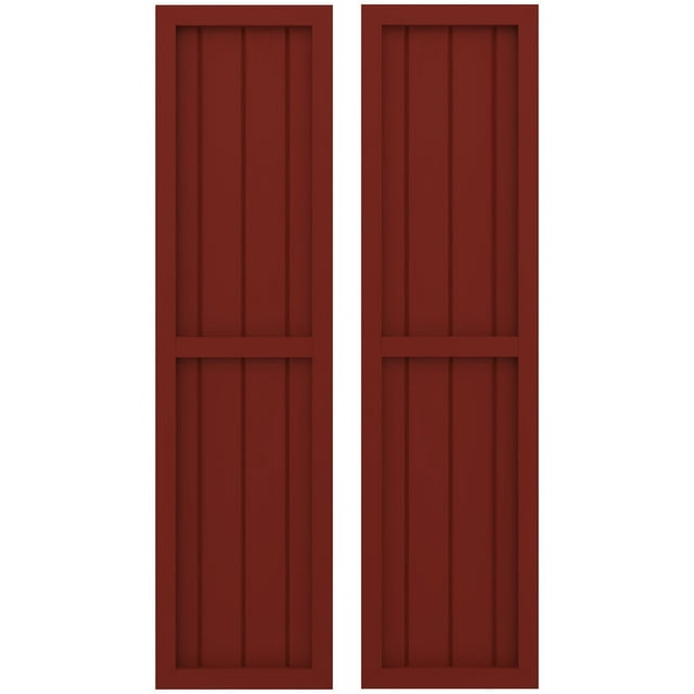 Ekena Millwork 14"W x 38"H Americraft Four Board Exterior Real Wood Two Equal Panel Framed Board-n-Batten Shutters (Per Pair), Pepper Red