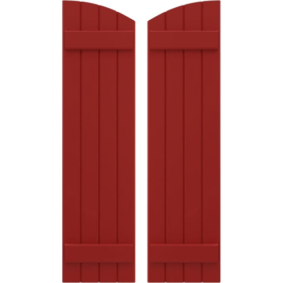 Ekena Millwork 14"W x 39"H Americraft Four Board (2 Batten) Exterior Real Wood Joined Board-n-Batten Shutters w/ Elliptical Top (Per Pair), Fire Red