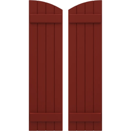 Ekena Millwork 14"W x 39"H Americraft Four Board (2 Batten) Exterior Real Wood Joined Board-n-Batten Shutters w/ Elliptical Top (Per Pair), Pepper Red