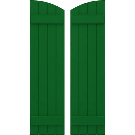 Ekena Millwork 14"W x 40"H Americraft Four Board (2 Batten) Exterior Real Wood Joined Board-n-Batten Shutters w/ Elliptical Top (Per Pair), Viridian Green