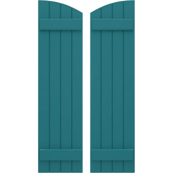 Ekena Millwork 14"W x 42"H Americraft Four Board (2 Batten) Exterior Real Wood Joined Board-n-Batten Shutters w/ Elliptical Top (Per Pair), Antigua