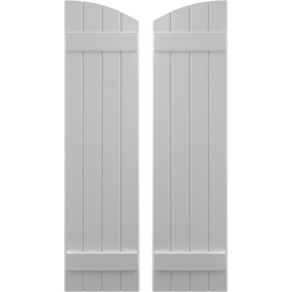 Ekena Millwork 14"W x 45"H Americraft Four Board (2 Batten) Exterior Real Wood Joined Board-n-Batten Shutters w/ Elliptical Top (Per Pair), Primed
