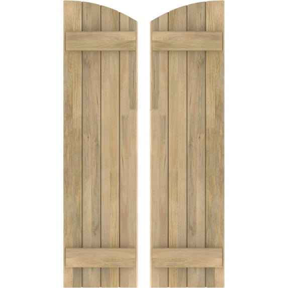 Ekena Millwork 14"W x 45"H Americraft Four Board (2 Batten) Exterior Real Wood Joined Board-n-Batten Shutters w/ Elliptical Top (Per Pair), Unfinished