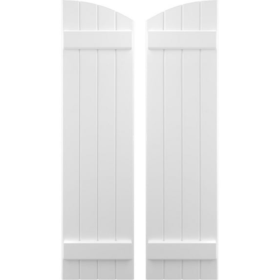 Ekena Millwork 14"W x 47"H Americraft Four Board (2 Batten) Exterior Real Wood Joined Board-n-Batten Shutters w/ Elliptical Top (Per Pair), White